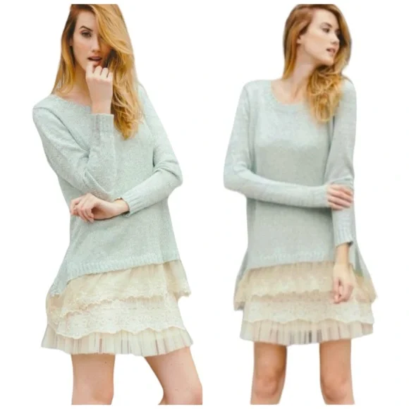 🆕 HANDMADE A’REVE Boutique - Lace Trimmed Sweater - Mint - Picture 3 of 4